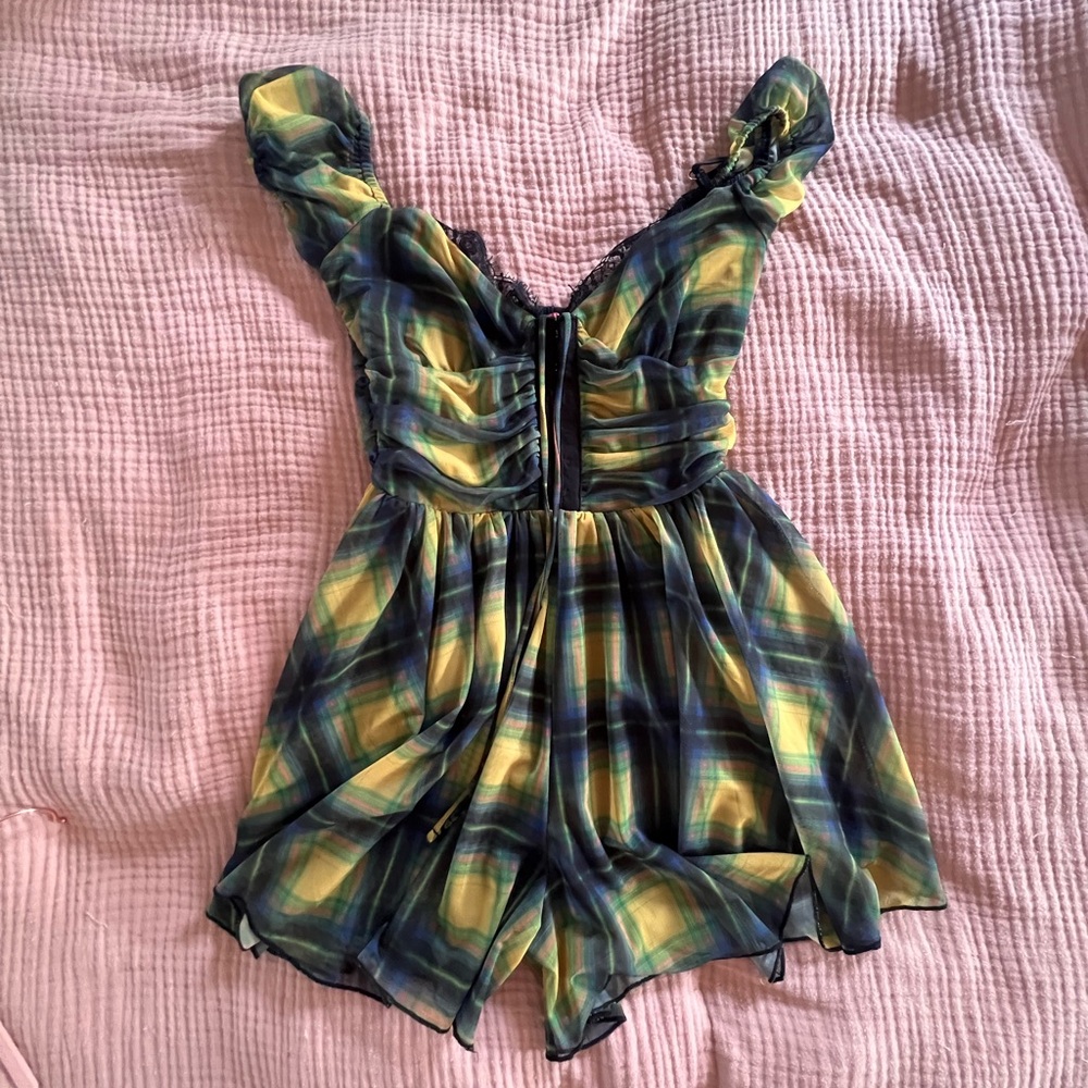 Urban Outfitters Checkered Romper in Yellow and Navy